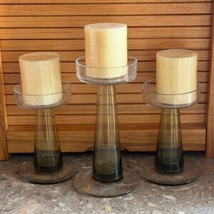 RARE Vintage MCM Olive Green Glass Candle Holders – Set of 3 Graduated